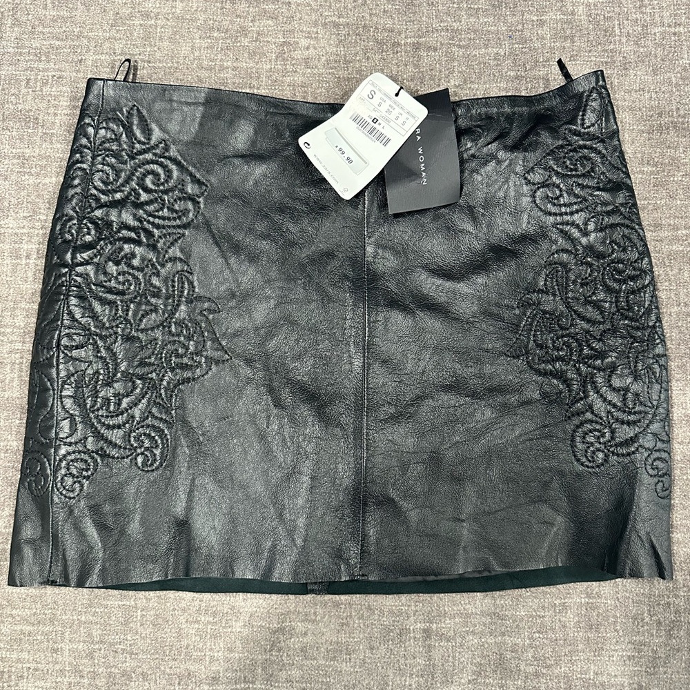 Zara Black Leather Mini Skirt with Embroidery
